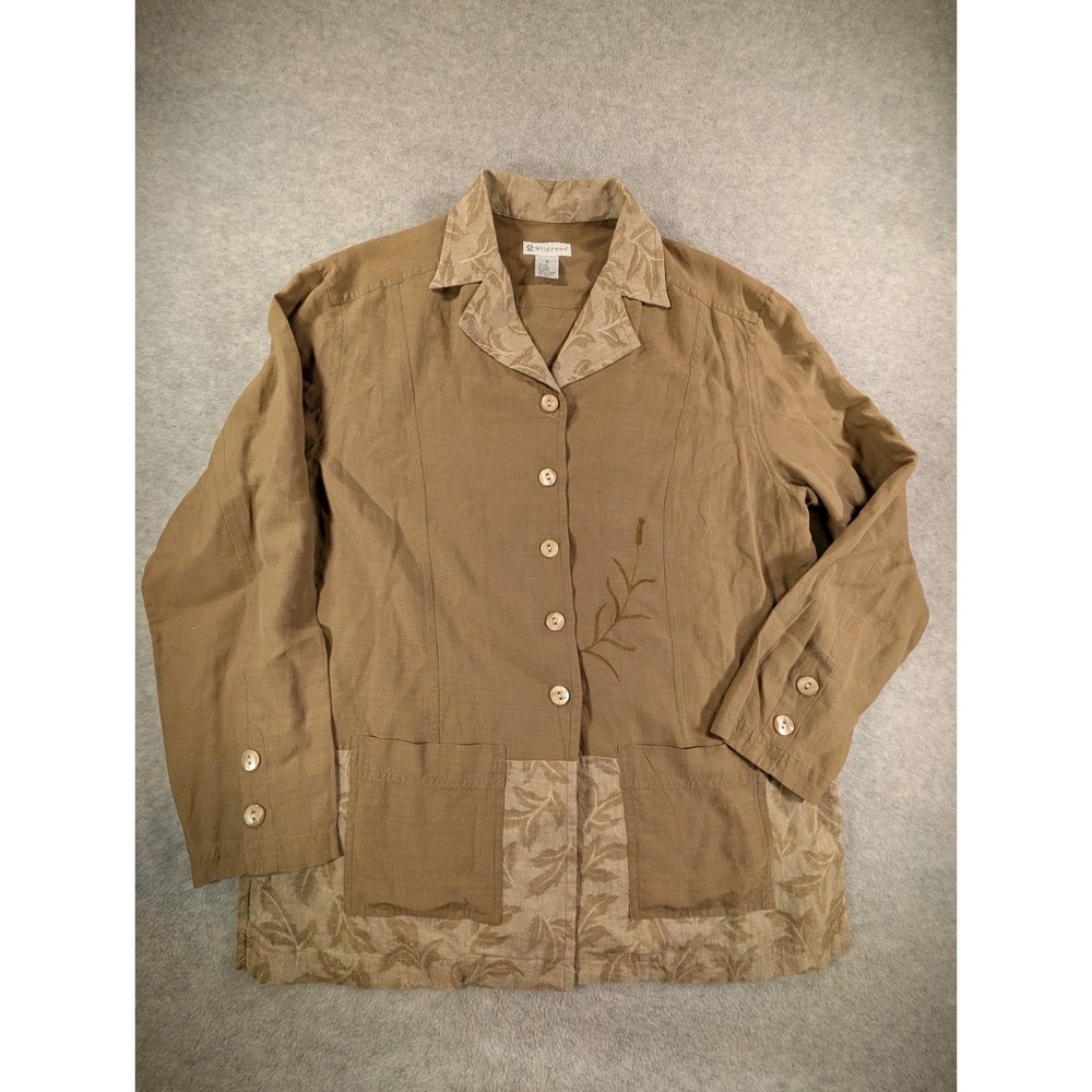 Wildroot Lagenlook Shirt Small Jacket Tan Embroidered Silk Linen Boho - Picture 2 of 10